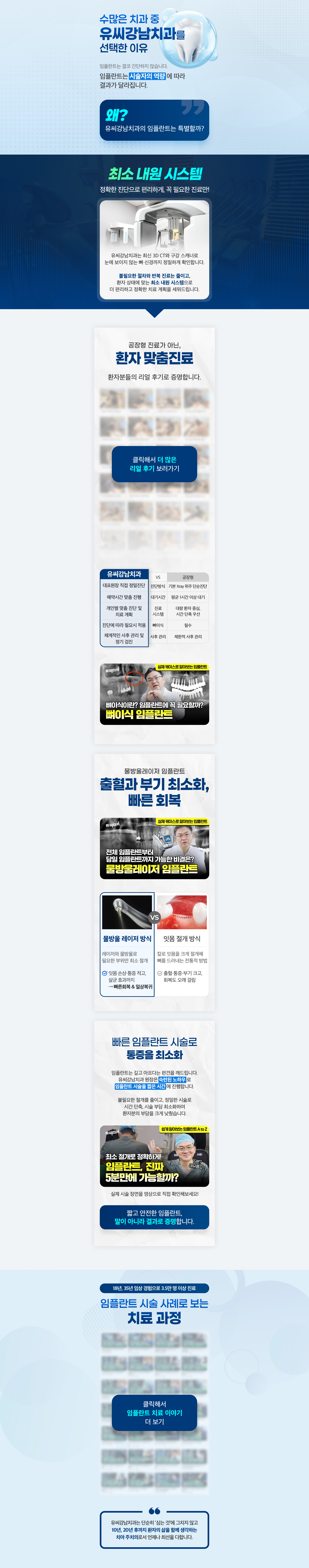 당일 및 원데이 임플란트를 포함한 임플란트 치료 안내와 물방울레이저, 최소 침습·레이저 치료 방식, 비용·보험 및 예약 정보를 담은 랜딩 이미지